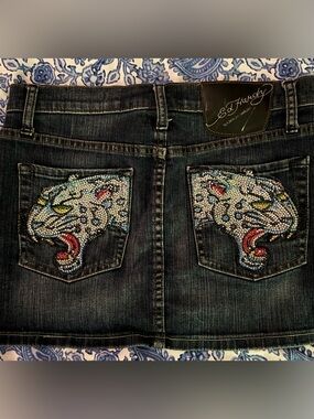 Ed Hardy Y2K Denim Mini Skirt Rhinestone Jaguar pockets!